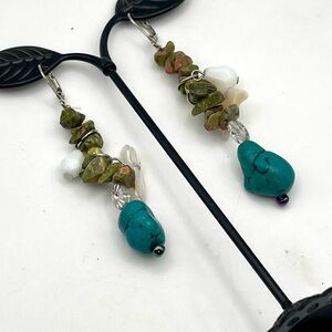 Dangling Turquoise Unakite Mother of Pearl Gemstone Statement Pierced Earrings
